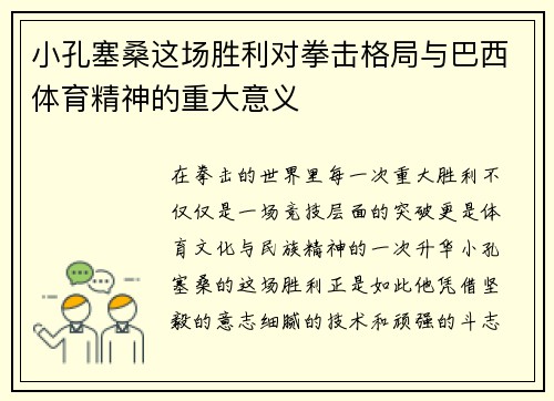 小孔塞桑这场胜利对拳击格局与巴西体育精神的重大意义